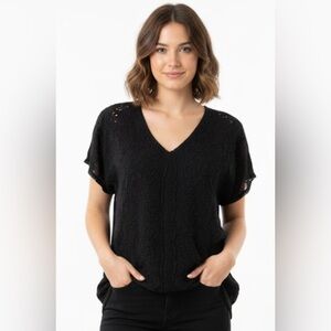 Johnny Was Boho Short Sleeve Eyelet Tunic Top Black Embroidered Size Medium